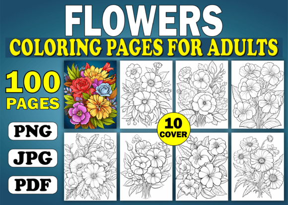 100 Flowers Coloring Pages for Adult KDP