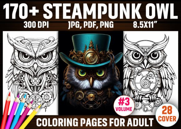 170 Steampunk Owl Coloring Pages for KDP Publishing